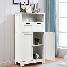 Tangkula Bathroom Floor Cabinet, Wooden Storage Cabinet w/Open Shelf, 2 Doors and 2 Drawers, Cabinet for Living Room Bathroom Home Office (White)