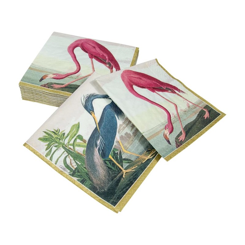 Caspari Audubon Birds and Flamingo Paper Cocktail Napkins, Two Packs