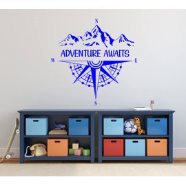 Compass Wall Decals Adventure Awaits Wall Stickers Mountains Home Interior Stickers Vinyl Wall Decor for Bedroom Living Room Y46 (Blue)