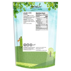 Food to Live California Jumbo Golden Raisins, 5 Pounds – Seedless, Sun-Dried, No Added Oil, No Added Sugar, Kosher, Vegan, Raw, Bulk