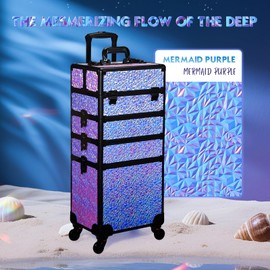 Stagiant Rolling Makeup Case Cosmetology Case on Wheels 4 in 1 Makeup Travel Case Extra Large Cosmetic Box with Key Make Up Artist Traveling Storage Nail Case Salon Barber Cart Trunk Shiny Purple