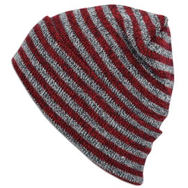 Blended Stripe Beanie Unisex Knit Winter Warm Ski Hat Fold-Up Cap (Red)