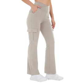 Women's Fleece Lined Pants Cargo Flare Legging Yoga Thermal Warm Workout Crossover High Waisted Bootcut with 6 Pockets,Khaki M
