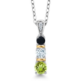 Gem Stone King 925 Silver and 10K Yellow Gold Round Green Peridot Sky Blue Aquamarine and Black Onyx Pendant Necklace For Women (0.57 Cttw, Gemstone August Birthstone, with 18 Inch Chain)