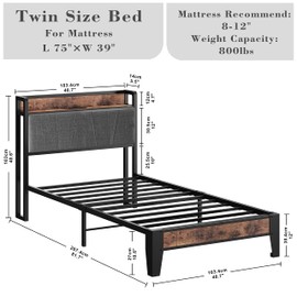 LIKIMIO Twin Bed Frames, Storage Headboard with Charging Station, Solid and Stable, Noise Free, No Box Spring Needed, Easy Assembly