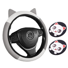 Dotesy 3 Packs Cartoon Ears Car Steering Wheel Cover Set, Cute Steering Wheel Protector with Cat Cup Coasters, Elastic & Anti-Slip, Lovely Car Accessories for Women (Gray)