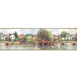CONCORD WALLCOVERINGS ™ Wallpaper Border Nature Pattern Lake House Boat for Living Room Cottage Farmhouse, Green Brown Blue, 15 ft by 7 in HRB4157