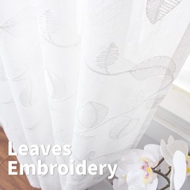 BGment White Sheer Curtains 95 inches Long 2 Panels for Living Room, Embroidered Leaf Pattern Linen Textured Light Filtering Grommet Window Semi Sheer Voile Drapes, Each Panel 52 x 95 Inch