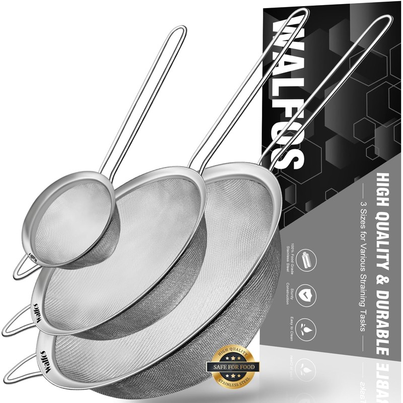 Walfos Fine Mesh Strainers Set, Premium Stainless Steel Colanders and