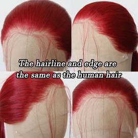 BTWTRY Red Synthetic Lace Front Wig Long Straight Dark Red Lace Front Synthetic Wig Pre Plucked Natural Hairline Glueless Heat Resistant Fiber Hair Wig for Fashion Women (Red)