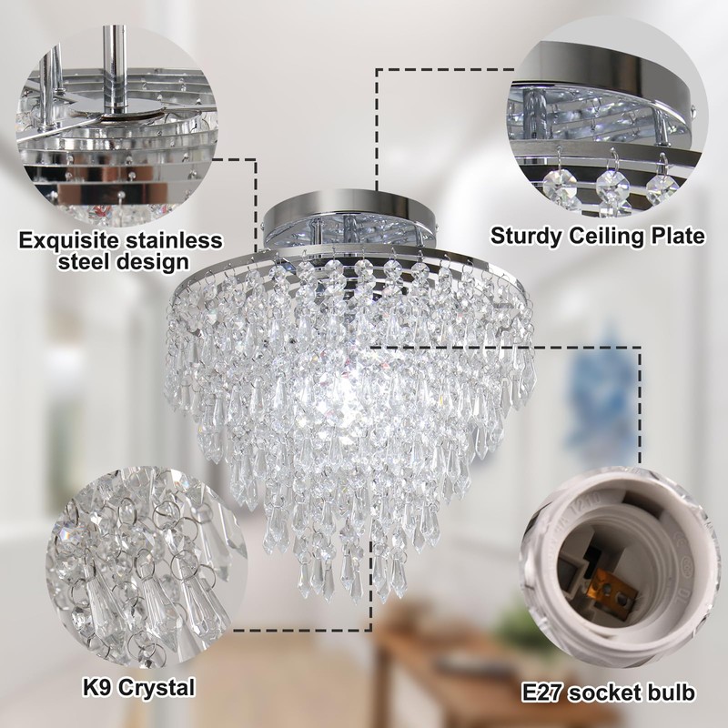 FRIXCHUR 11.8" Crystal Chandelier Chrome Flush Mount Ceiling Light 5