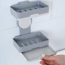 Soap Holder, PEFWO Strong Adhesive Double Layer Soap Dish, Removable Drill-Free Shower Soap Holder for Shower, Bathroom, Bathtub, Kitchen (Gray)