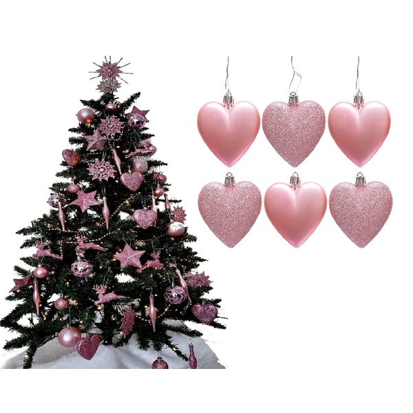 6pc Large Glitter & Matte Heart Baubles - Great Christmas