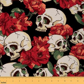 Feelyou Rose Skull Upholstery Fabric by The Yard,Rose Floral Sugar Skull Outdoor Fabric by The Yard,Pesonalized Skeleton Bones Decorative Fabric for Upholstery and Home DIY Projects, 1 Yard, Red
