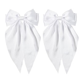 White Hair Bow for Women- Furling Pompoms Pack of 2 Satin Big White Bow Hair Clip for Girls Long Ribbon Alligator Clip Hair Barrettes for Women,Hair Pieces Bridal Wedding Accessories