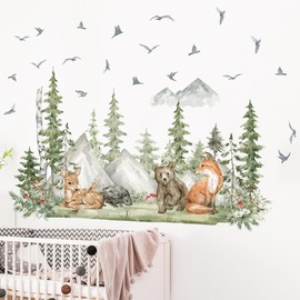 Woodland Nursery Wall Stickers, 4 Sheet of 12x36 inch Giant Mountain Forest Tree Wall Decal, Nursery Wallpaper Peel and Wall Décor for Kids Room