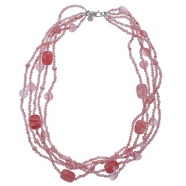 Jewel24 Women's Necklace 925 Sterling Silver with Cherry Quartz and Freshwater Pearls 50 cm Long Gemstone Chain Multilayer, Sterling Silver, Quartz
