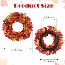Briful 24 Inch Fall Wreaths for Front Door Artificial Autumn Maple Leaf Wreath with Red Berries & Pomegranate Outdoor Fake Hanging Wreath for Harvest Thanksgiving Home Mantle Window Porch Decor