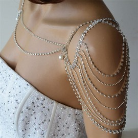 Xerling Silver Rhinestones Shoulder Harness Body Chain Fringe Tassels Bra Chain Body Jewelry Wedding Arm Chain for Women Girls Summer Bikini Body Tassels