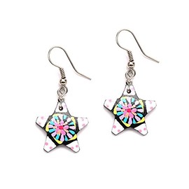Hand painted vibrant white star and pink flower coconut shell drop earrings