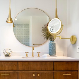 Rechargeable Wall Mounted Lighted Makeup Mirror with Magnification Gold, 8 Inch 1X/10X Magnifying Two Sided Led with Lights, 360 Swivel Extendable Shaving Mirror for Bathroom, Brushed Gold