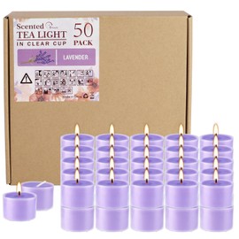 50 Pack Bulk Lavender Scented Tealight Candles in Clear Cup, Purple Wax Votive Candle for Birthdays Weddings Churches Anniversaries & More（8 Hour）