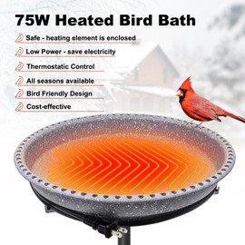 BIRD WISH Heated Bird Bath, Stable 5-Prong Metal Base Thermostat Control Weather Resistance All Seasons Available 75W Heated Bird Baths for Outdoors for Winter Garden Yard Patio Lawn, Spotted Grey