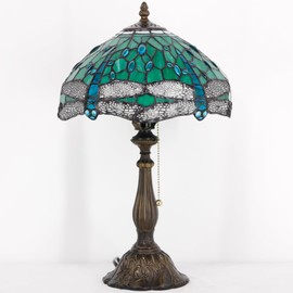 ZJART Tiffany Table Lamp Stained Glass Lamp 12X12X19 Inch Antique Reading Light (Green Dragonfly)