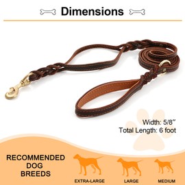 Guiding Star Double Handle Leather Dog Leash 6ft, Heavy Duty Braided Dog Leash with Traffic Handle for Small Medium & Large Dogs (Two Handles 6 Foot x 5/8", Brown)