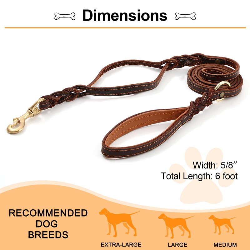 Guiding Star Double Handle Leather Dog Leash 6ft, Heavy Duty
