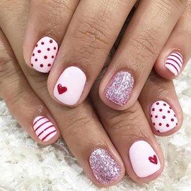 Valentine’s Day Nails Press on Nails Short Square Heart Fake Nails Glitter Design Valentines Day Nails with Glue Valentines Red Lines Spots Heart Full Cover False Nails for Women DIY Manicure 24Pcs