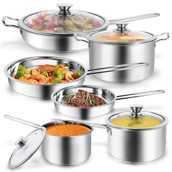 Aufranc 10-Piece Pots and Pans Set, Stainless Steel Cookware Set- Includes Ergonomic Handle Saucepans, Skillets, Dutch Oven, Stockpot, Steamer & More - Premium Pots and Pans for Home Chefs