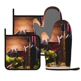 Wine Grapes Wooden Vintage Oven Mitts and Pot Holders Sets of 4, Heat Resistant Silicone Oven Mittens and Potholders Gloves Hot Pads for Kitchen Cooking Baking Grilling BBQ Chef