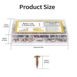 M4 Wood Screws Assortment Set, Self Tapping Screws, Cross Head Flat Head Screws, Outdoor Screws for Wood Decking Screws, Color Zinc Screws for Furniture Fence Concrete Screws(170,M4*16)