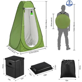 Portable Toilet Kit with Pop-Up Privacy Tent, All-in-One Outdoor Bathroom & Changing Room with Camping Toilet Seat, Waste Bags, LED Light for Camping, RV, Road Trip (Toilet with Green Tent)
