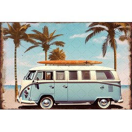 Summer Beach Metal Tin Sign Surfer Poster Surf Van Wall Decor Gift for Surfers Beach Club Open-Air bar Porch Stickers Poster Bar Decor 8x12 Inch