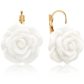 Gdpaddy Velvet Acrylic Rose Flower Lightweight Dangle Drop Earrings Vintage Camellia Floral Leverback Earrings for Women (White)