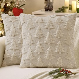 MIULEE Christmas Tree Decorative Throw Pillow Covers 18x18 Set of 2 Beige Plush Faux Wool Pillowcases Holiday Accent Home Decor Cushions for Sofa, Couch, Bed, Porch & Living Room