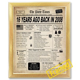 16th Birthday Decorations Framed for Girls Boys, Classy Vintage Table Decor, Birthday Card Poster for Him or Her Turning 16 Years Old, Back in 2008 Print (Gold Frame)