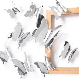 HINZIC 24Pcs Laser Butterfly Wall Decor, DIY Mirror 3D Silver Butterflies Wings Removable Stickers for Home Girl Bedroom Classroom Room Nursery Wedding Birthday Party Cupcake Decals, 3 Sizes