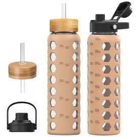 MUKOKO Glass Water Bottles, 32oz Glass Tumbler with Straw, Drinking Bottles with 2 Lids-Handle Spout Lid&Bamboo Straw Lid, Motivational Water Bottle with Time Marker and Silicone Sleeve, 1 Pack-Amber