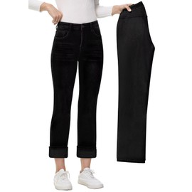 AMRSPENG Women's Fleece Lined Jeans Women Straight Leg Jeans Winter High Waisted Fleece Lined Denim Pants Black Size 12