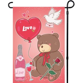 Double Sided Valentine's Day Flag Red Heart and cute Bear Valentine Garden Flag 12 x 18 Inch Valentine House Flags for Holiday Anniversary Wedding Yard Outside Outdoor