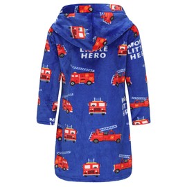 Childlike Me Boys Fleece Bathrobe Hooded Toddler Soft Fuzzy Robe for Kids 2-16 Years Blue Fire Fighting Truck 5-6 Years