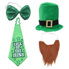 Calvana (4-Pack) St. Patrick’s Day Leprechaun Costume - Freesize Leprechaun Costume Fits Kids to Adults - 1 Set Leprechaun Costume Includes Top Hat, Leprechaun Beard, Bow Tie, and Necktie