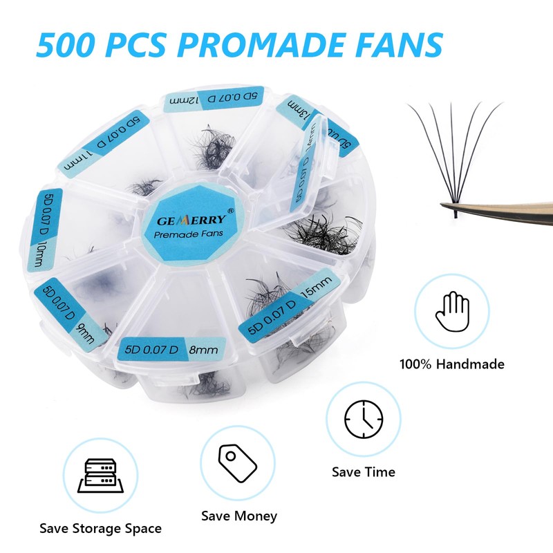 Gemerry Pre-Fanned Volume Eyelashes, Ready-to-Use Fan Eyelash Extension, 5D, 8-15