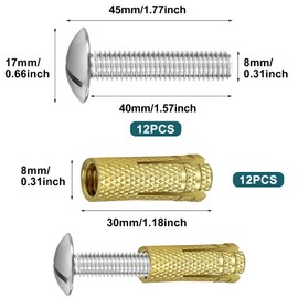 12 pcs Anchoring Screws for Pool Cover, M8*40 304 Brass Cavity Anchor Bolts for Pools, Stainless Bolt and Stud Plug for Pool Cover, Retractable Ground Anchor Ground Sleeve for Pool Cover