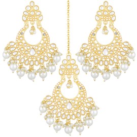 Aheli Gold Plated White Kundan Studded Dangle Earrings & Maangtikka Set Ethnic Fashion Jewelry Gift for Women
