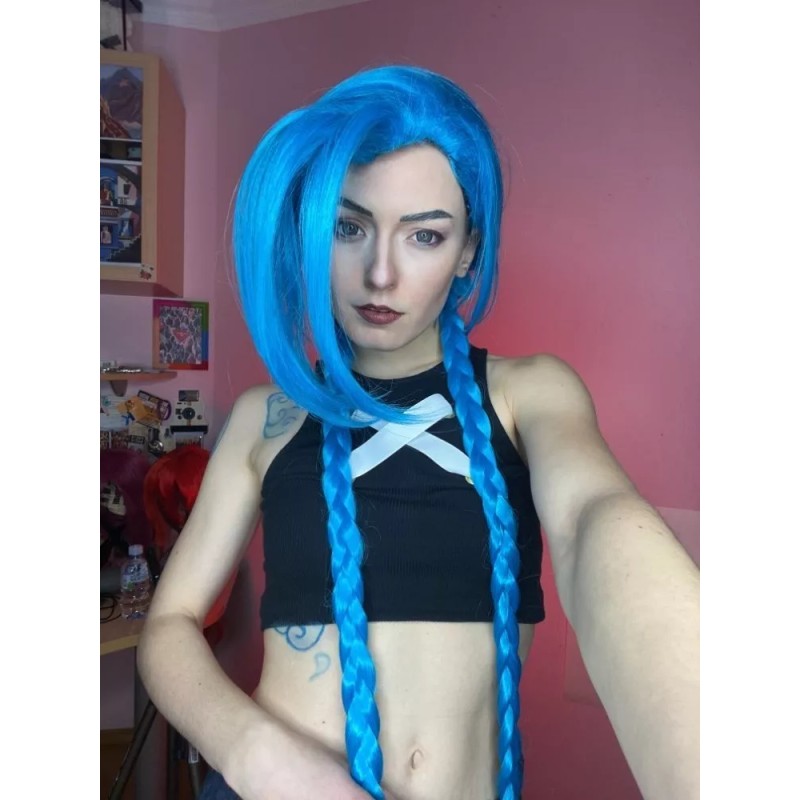 Jextech Peluca Jinx Doble Trenza 100cm League Of Legends Cosplay