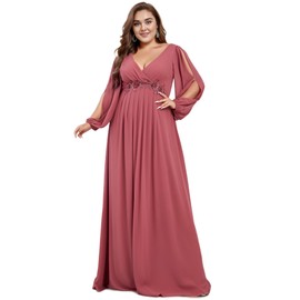 Ever-Pretty Plus Women's Floor Length V Neck Lantern Sleeves Floral Applique Plus Size Formal Dresses for Curvy Women Cameo Brown US24